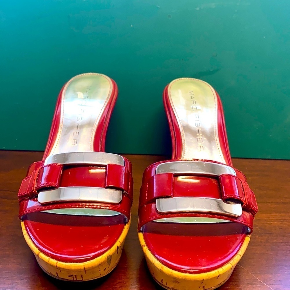 Women’s Marc Fisher Red Patent Leather with Silver Buckle Wedges Heels Size 6.5M